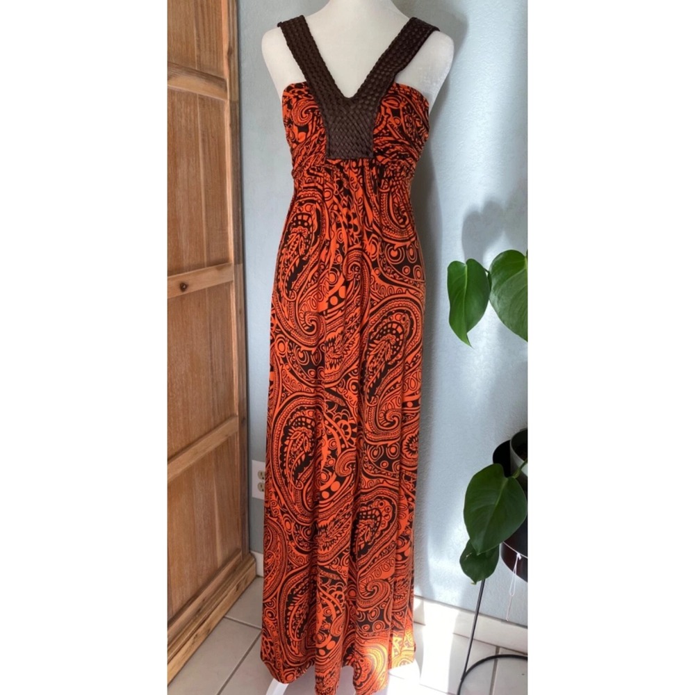 Bisou Bisou Michele Bohbot Sexy Festival Paisley Maxi Dress‎ 14 Burnt Orange